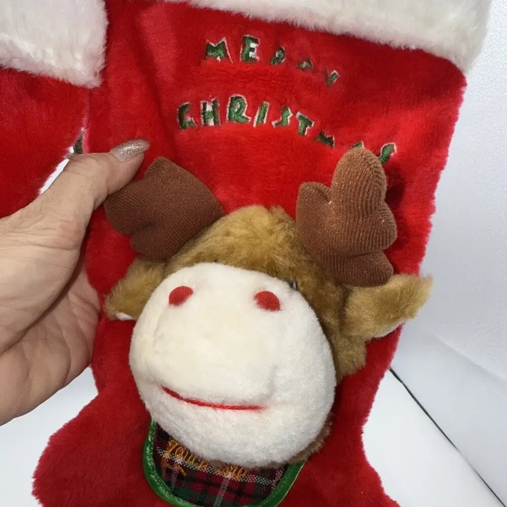 2 Vintage BayBerry Collection 3D Merry Christmas Reindeer Stocking Musical READ